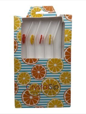 Zodax CrystalSip Glass Straws w/Fruit Charms & Cleaning Brush NIB
